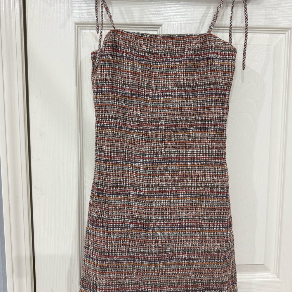 Storia Multicolored Sleeveless Tie Strap Smocked Ruffle Hem Mini Dress Size S